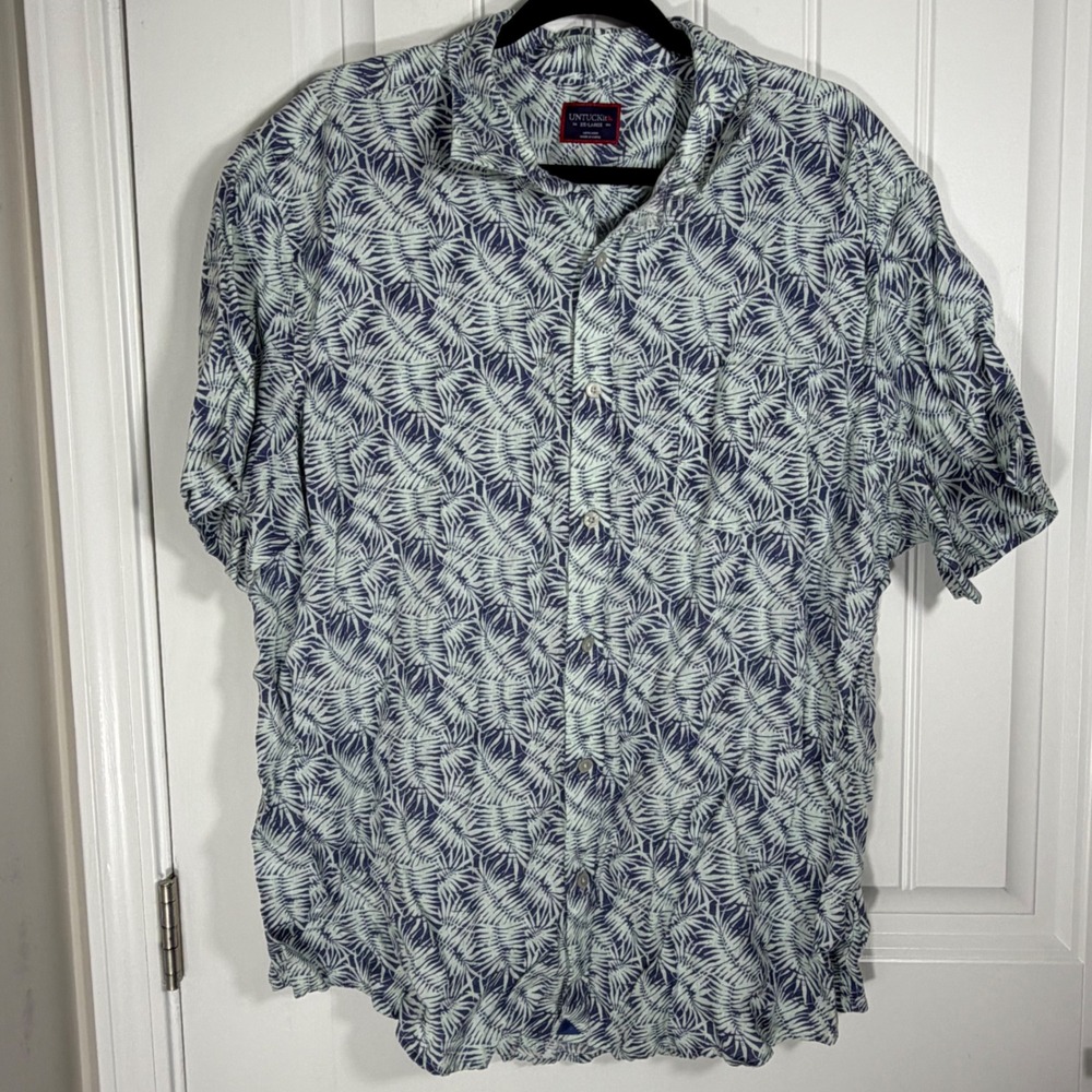 UNTUCKit Driscoll-SS Navy White Palm Leaf 100% Linen Shirt Mens XXL 41508